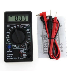 Handheld Digital Multimeter DT830B Mini LCD Voltmeter Ammeter Ohm Tester - a black handheld device with a central knob, LCD screen displaying 000, three input ports, and red and black test leads.