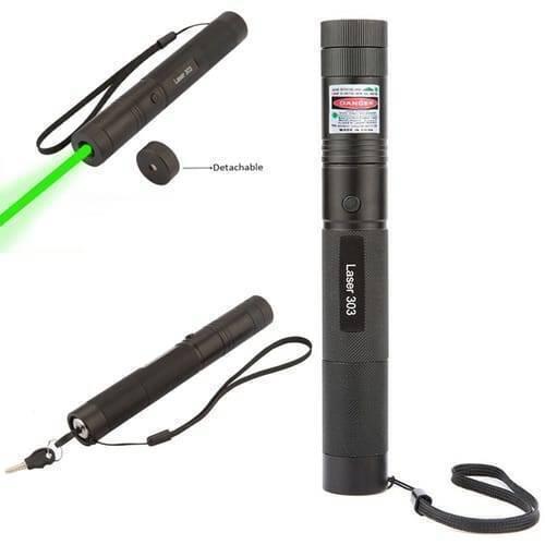 Handheld Focusable Green Laser Pen Zh 303 Rechargeable 100mW High Beam Green Laser Hunting Pointer - three views of a black cylindrical laser pointer with a wrist strap, a button, a key lock, and a beam.