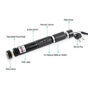 Handheld Focusable Green Laser Pen Zh 303 Rechargeable 100mW High Beam Green Laser Hunting Pointer - a black cylindrical laser pointer shown disassembled with its starry head, button switch, and two security keys.