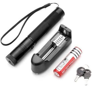 Handheld Focusable Green Laser Pen Zh 303 Rechargeable 100mW High Beam Green Laser Hunting Pointer - shown with its black cylindrical body, a battery charger, a red 18650 battery, and two small keys.