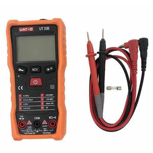 Handheld Portable AC DC NCV True RMS Digital Multimeter Non-contact Voltmeter Ammeter Test Meter DMM UT-33B - an orange handheld device with a blank screen, buttons, ports, red and black test leads, and a small glass fuse.