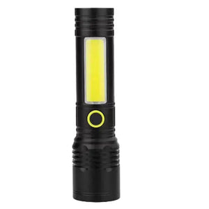 Handheld Rechargeable Emergency Torch Flashlight With Zoom Bn-537 Universal Flashlight Dust Protection Type-c Charging - a black cylindrical flashlight featuring a side-mounted light panel and a circular yellow button.