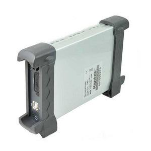 Hantek 20MHz Pc Based Digital Oscilloscope Dual 2 Channel HT6022BE - in a silver rectangular case with grey rubber bumpers, showing a USB port and a covered connector.