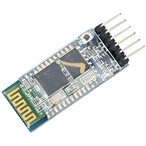 Hc 05 Bluetooth Module - a blue circuit board with a gold-patterned antenna, a central black chip, and a six-pin connector header.