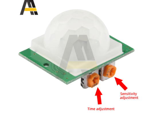 HC-SR501 PIR Motion Sensor Module Hw-416-b - with a white dome lens, green circuit board, and two orange adjustable potentiometers for time and sensitivity.
