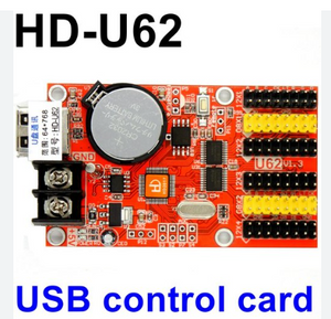 HD U62 LED Control Card With USB Port - a red rectangular circuit board featuring a USB port, a CR2032 battery, a terminal block, and multiple pin header connectors.