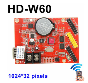 HD-W60 LED Control Card With WiFi LED Controller Card - a red rectangular circuit board featuring a CR2032 battery, a USB port, two screw terminals, and multiple pin headers.