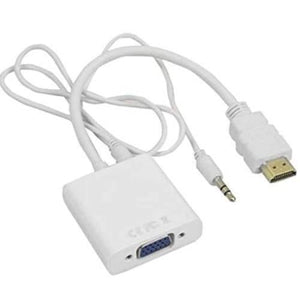 HDMI To VGA Female Adapter Converter With Audio Support - a white adapter with a VGA port, an HDMI connector, and a 3.5mm audio jack cable.