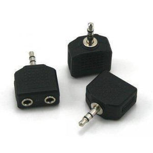 Headphone Jack Splitter 3.5mm Jack Plug To 2x 3.5mm Jack Sockets Stereo Adaptor Dual Splitter - three black plastic adapters with one male 3.5mm plug and two ports.