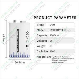 Heavy Duty 6f22 9V 1000mAh Type C USB rechargeable lithium battery
