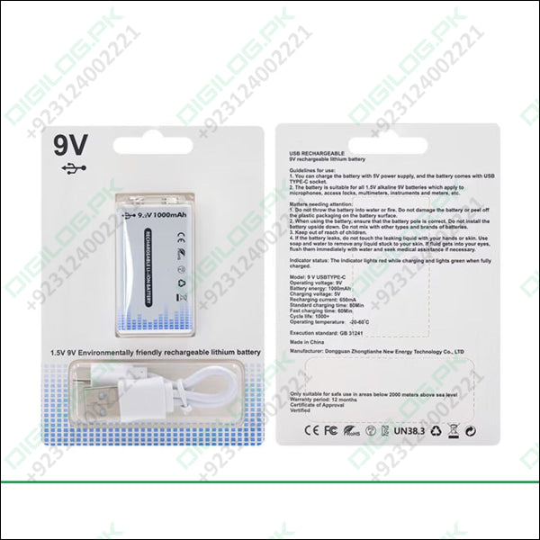Heavy Duty 6f22 9V 1000mAh Type C USB rechargeable lithium battery