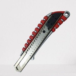 Heavy Duty Knife 24mm Alloy Steel Blade Cutter - a silver metal body with a red rubberized grip and a black sliding blade lock mechanism.