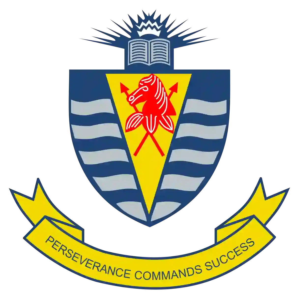 A heraldic shield crest featuring a red lion on yellow triangle, blue waves, and an open book, with a banner reading ’Perseverance Commands Success’
