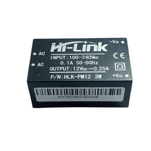 Hi Link Hlk PM12 12V/3W Switch Power Supply Module - a black rectangular electronic component with AC input pins and DC output terminals labeled on its face.