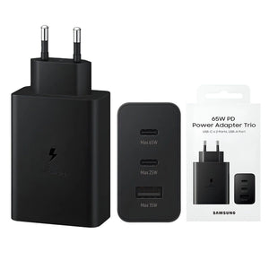 High Copy Samsung 65W Power Adapter Trio Pd Without Cable - a black wall charger with two USB-C and one USB-A port, alongside its white retail packaging box.