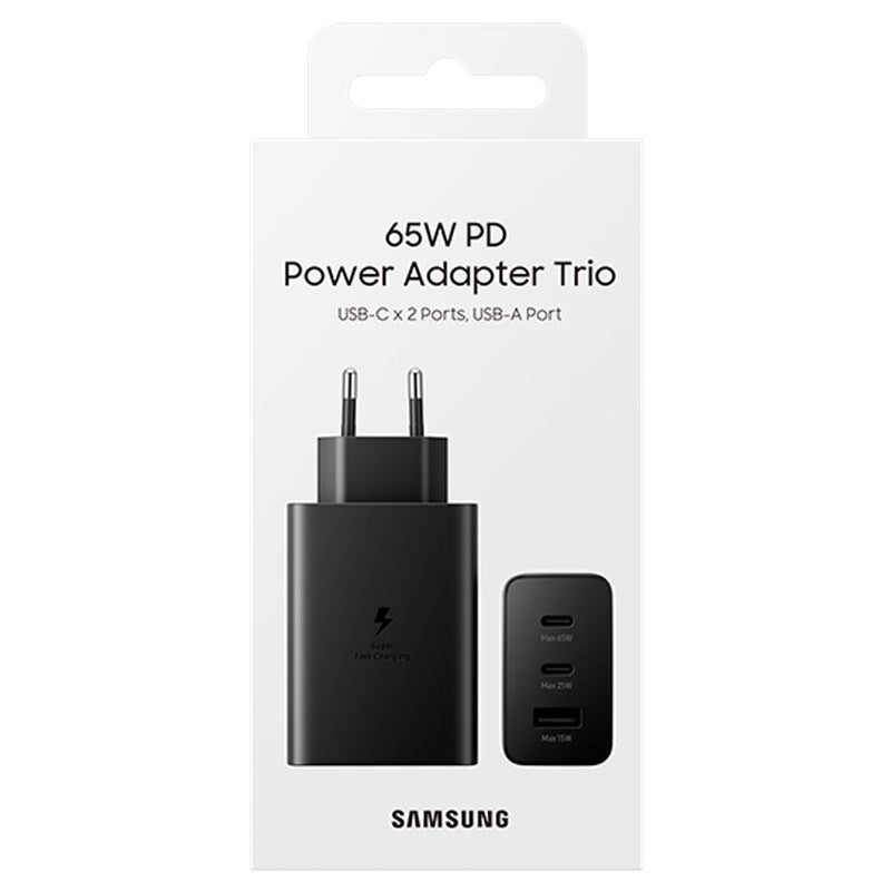 High Copy Samsung 65W Power Adapter Trio Pd Without Cable - packaging box showing the black adapter with two USB-C ports, one USB-A port, and a wall plug.