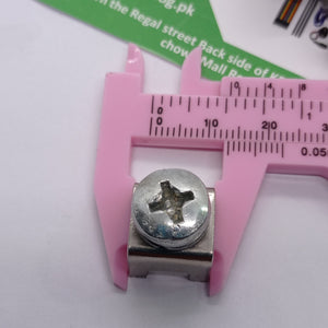 High Current Screw Terminal Connector - shown in a close-up view being measured by pink plastic calipers, with the zero mark at the 8mm position.