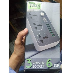 High Quality 3 Power Socket 6 USB Ports Extension Power Lead Wire Cable Board - a grey power strip with three sockets and six USB ports.