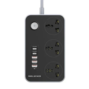 High Quality Technoedge Power Extension Board With 3 USB Ports And 2 Type-c Power Sockets - a black rectangular power strip featuring three universal AC outlets, two USB-C ports, two USB-A ports, and a button.