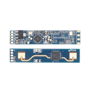 HLK-LD2410B Human Presence Sensor Radar Module For Smart Home Automation And Security - the front and back of the blue rectangular circuit board with gold pins and integrated antenna patterns.