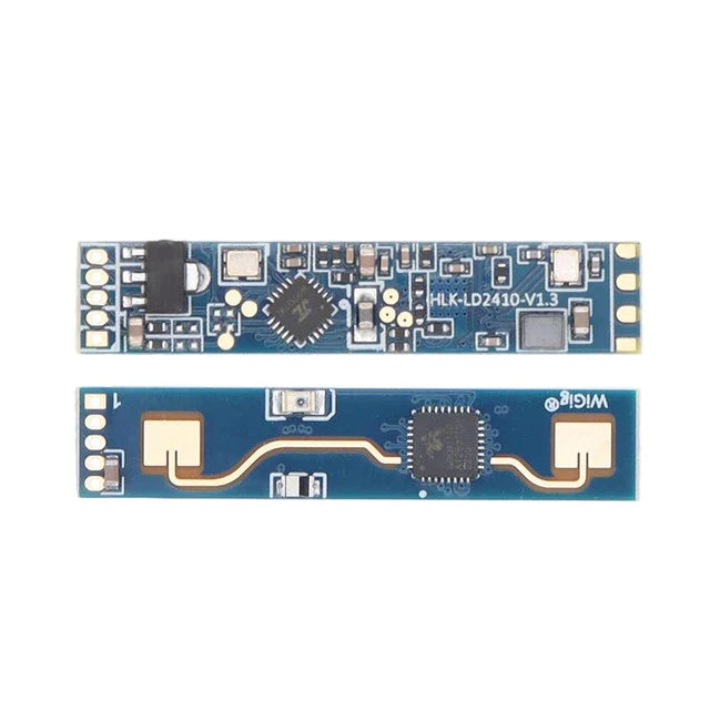 HLK-LD2410B Human Presence Sensor Radar Module For Smart Home Automation And Security - the front and back of the blue rectangular circuit board with gold pins and integrated antenna patterns.
