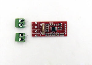 HLW8012 High Precision Energy Metering Module Arduino Energy Monitoring - a red circuit board with a chip and two separate green screw terminal connectors on a white background.