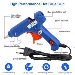 Hot Melt ABC-E15W Glue Gun For 7mm Glue Rod - a blue body, orange trigger, power switch, nozzle, safety stand, power cord, and labels pointing to its features.