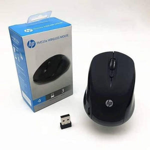 Hp 2.4GHz Optical USB Wireless Mouse FM510A Laptop Pc Computer Mice High Copy - its packaging box, and a small USB receiver, all in black.