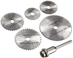 Hss Circular Saw Blade Set For Metal & Dremel Rotary Tools - five silver circular saw blades of varying sizes and one metal mandrel accessory.