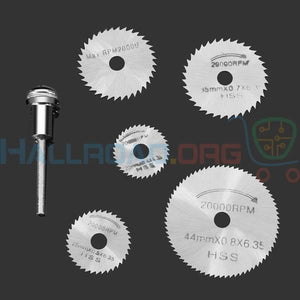 Hss Circular Saw Blade Set For Metal & Dremel Rotary Tools - five silver circular saw blades of varying sizes and one metal mandrel accessory.