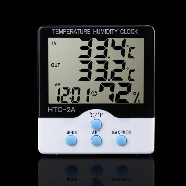 Htc-2A Htc2a Digital Clock Electronic Temperature Hydrometer Thermometer - a square white and black device with a digital display showing 33.4°C, 33.2°C, 12:01 AM, and 72% humidity.
