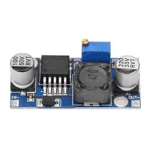 HW-411A LM2596 DC To DC Buck Converter Step Down Module Power Supply - a blue circuit board with two cylindrical capacitors, a black inductor, and a brass-colored adjustment screw.