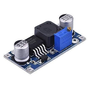 Hw-432 XL6009 DC To DC Boost Converter Voltage Booster - a blue circuit board with a black inductor, a blue adjustable potentiometer, and two cylindrical capacitors.