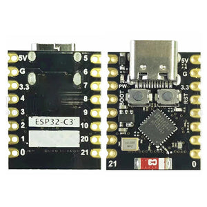 HW-466AB ESP32 C3 Super Mini Development Board ESP32-C3FH4 - the front and back sides with a USB-C port, two buttons, and labeled pin headers on a black board.