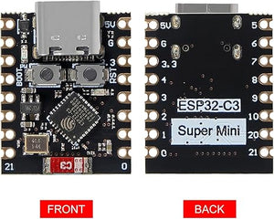 HW-466AB ESP32 C3 Super Mini Development Board ESP32-C3FH4 - the front view with a USB-C port and buttons, and the back view with pin labels.