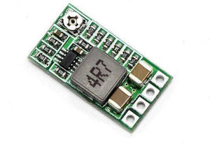 Hw-613 Adjustable DC To DC Buck Converter Module 3A - a green circuit board with a square inductor, a small adjustable potentiometer, and four pin holes.