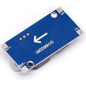 Hw 677 LM2596HV Adjustable Step Down DC To DC Buck Converter Module - a blue rectangular circuit board with labeled IN+, IN-, OUT+, and OUT- terminals.