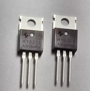 HY3215 MOSFET T0-220 | High-efficiency N-channel Power Transistor For Fast Switching Applications ( REFURB ) - two black N-channel power transistors with three metal pins and a mounting hole, shown against a plain grey background.