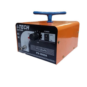 I-tech Air Pump - PS-3000A in an orange metal casing with a blue handle, featuring a power switch, an adjustable air flow knob, an LED, and an air port.