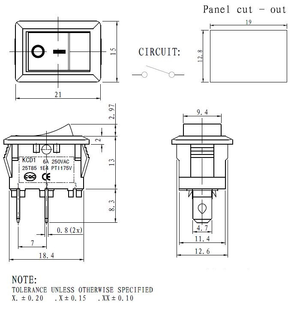 2-Pin KCD1-101 Rocker Switch Red - Dimensions Diagram