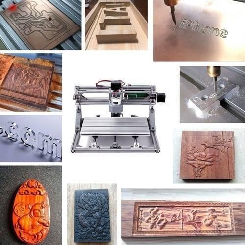 Imported CNC Engraving PCB Milling Machine Wood Carving CNC 3018 - shown with a central metal frame machine surrounded by various wood and metal carvings.