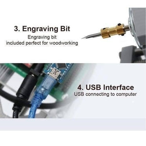 Imported CNC Engraving PCB Milling Machine Wood Carving CNC 3018 - the metal engraving bit attached to the motor and the blue USB cable connected to the controller board.