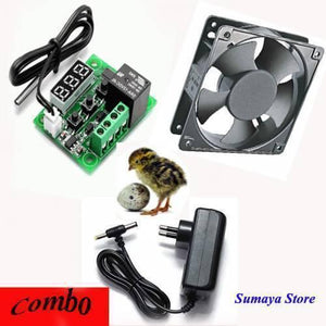 Incubator Controller Kit W1209+ 3 Inch Fan+power Supply Adapter 12V 1A - a green circuit board with a digital display, a black fan, and a power adapter.
