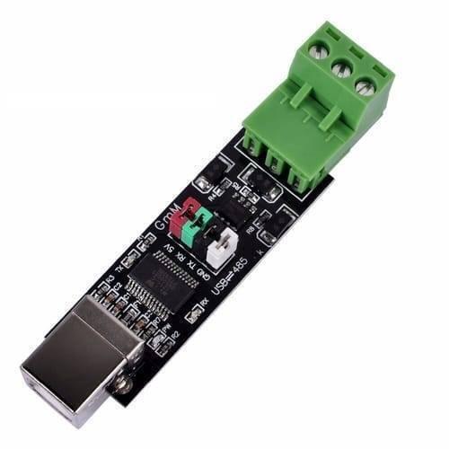 Industrial Ft232 USB To RS485 TTL Serial Converter Adapter Module - a black circuit board with a USB port, green terminal block, and pins.