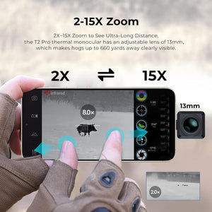 Infiray T2 Pro Thermal Monocular For Android, Thermal Imaging Monocular For Hunting, 2~15x Digital Zoom, Hotspot Tracking, 13mm Adjustable Lens, - attached to a smartphone showing a thermal image of a hog with an 8.0x zoom display and a 13mm lens icon.