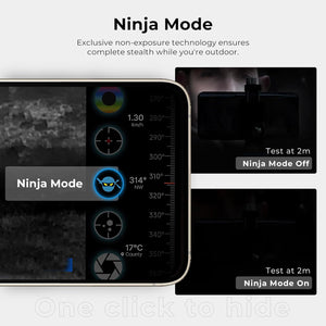 Infiray T2 Pro Thermal Monocular For Android, Thermal Imaging Monocular For Hunting, 2~15x Digital Zoom, Hotspot Tracking, 13mm Adjustable Lens, - a smartphone screen with the Ninja Mode interface, a compass, and a comparison of thermal visibility at 2 meters.