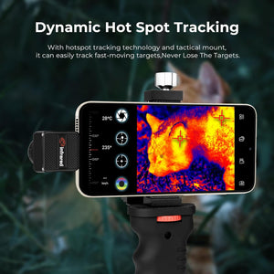 Infiray T2 Pro Thermal Monocular For Android, Thermal Imaging Monocular For Hunting, 2~15x Digital Zoom, Hotspot Tracking, 13mm Adjustable Lens, - attached to a smartphone mounted on a tripod, displaying a thermal image of a cat with tracking icons on the screen.