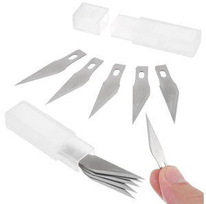 Interchangeable Sharp Blades For Detail Pen Knife For Crafts & Carving Scalpel (5 PCS) - set of five silver metal craft blades, a clear plastic storage case, and a hand holding one blade.