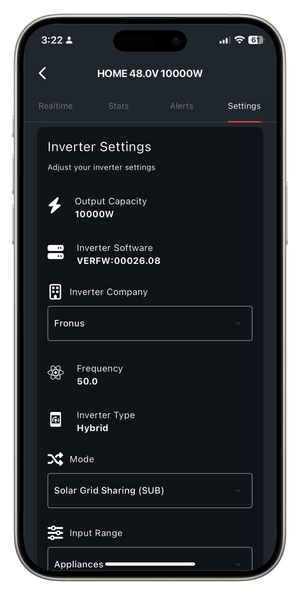 Inverterzone Solar WiFi Device Solar WiFi Dongle - shown on a smartphone screen displaying the Inverter Settings menu for a 10000W hybrid inverter.