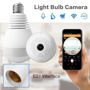 Ip Wireless Panoramic Bulb Camera 1080P HD 2MP Bulb Camera Price - shown with a white bulb camera, an E27 socket, and a smartphone displaying a live camera feed.